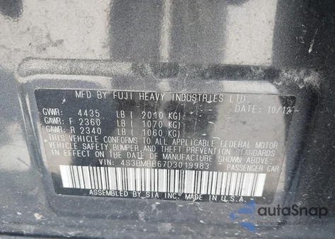 2013 Subaru Legacy 2.5I Premium from USA, damaged, VIN 4S3BMBB67D3019983